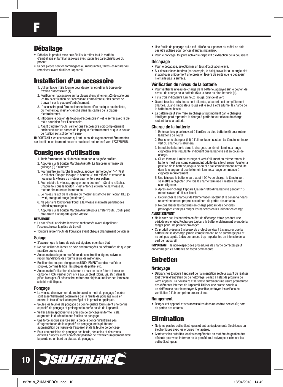 Déballage, Installation d’un accessoire, Consignes d’utilisation | Entretien, Elimination | Silverline 10.8V Cordless Oscillating Multi-Tool User Manual | Page 11 / 28