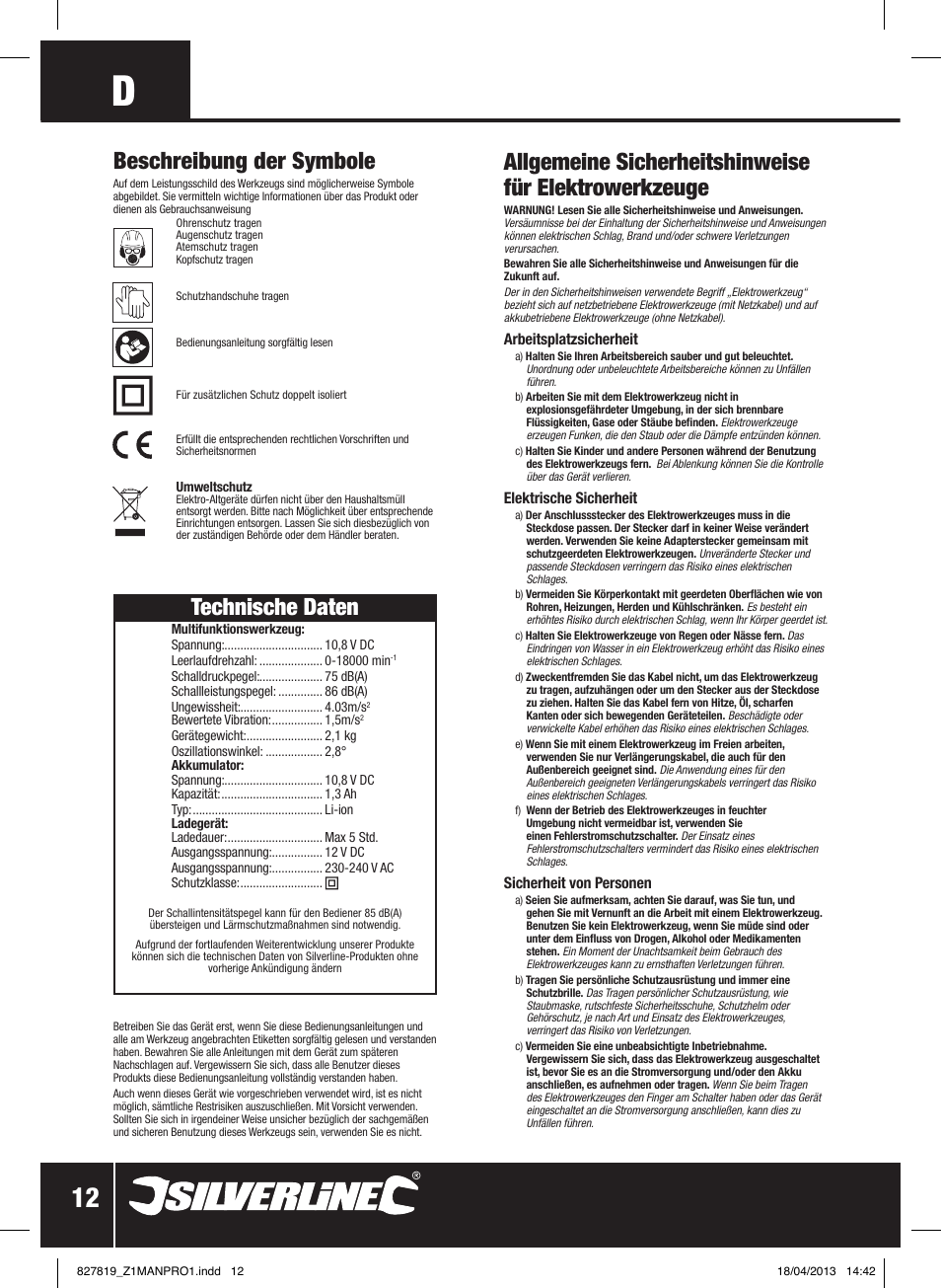 Technische daten, Beschreibung der symbole | Silverline 10.8V Cordless Oscillating Multi-Tool User Manual | Page 13 / 28