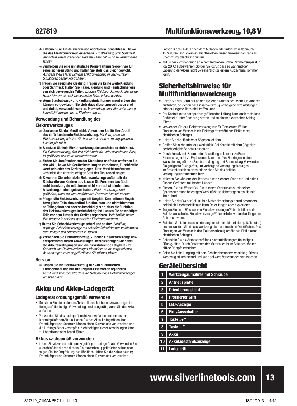 Akku und akku-ladegerät, Sicherheitshinweise für multifunktionswerkzeuge, Geräteübersicht | Multifunktionswerkzeug, 10,8 v | Silverline 10.8V Cordless Oscillating Multi-Tool User Manual | Page 14 / 28