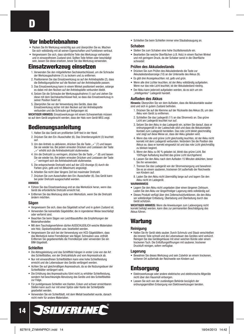 Einsatzwerkzeug einsetzen, Bedienungsanleitung, Wartung | Entsorgung, Vor inbetriebnahme | Silverline 10.8V Cordless Oscillating Multi-Tool User Manual | Page 15 / 28