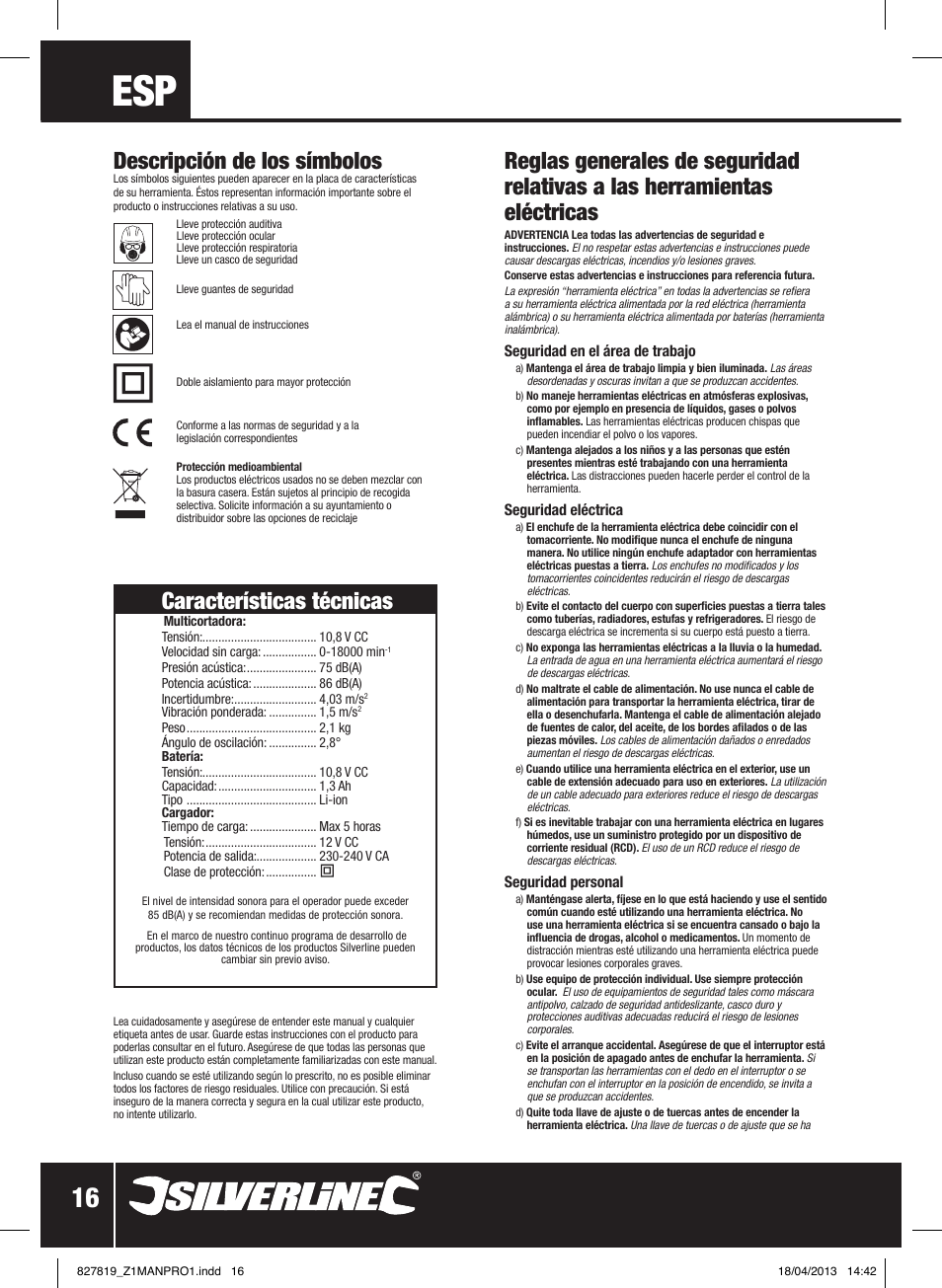 Descripción de los símbolos, Características técnicas | Silverline 10.8V Cordless Oscillating Multi-Tool User Manual | Page 17 / 28