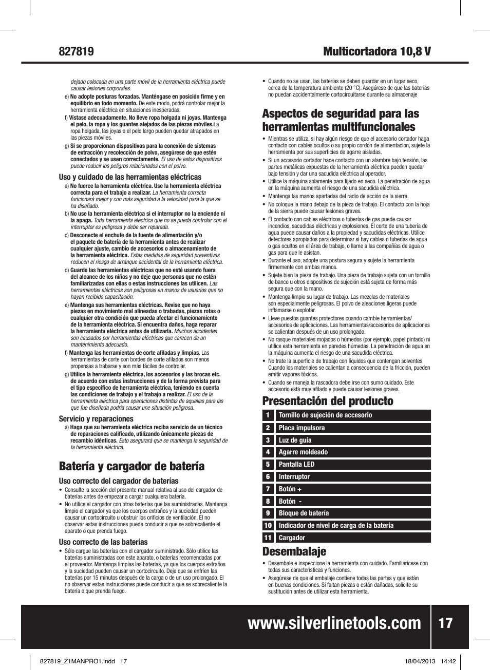 Batería y cargador de batería, Presentación del producto, Multicortadora 10,8 v desembalaje | Silverline 10.8V Cordless Oscillating Multi-Tool User Manual | Page 18 / 28