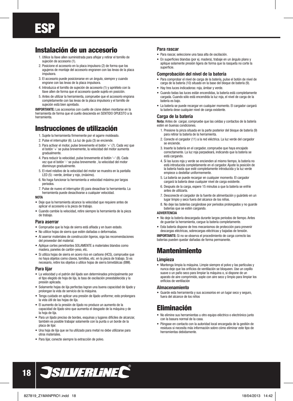 Instalación de un accesorio, Instrucciones de utilización, Mantenimiento | Eliminación | Silverline 10.8V Cordless Oscillating Multi-Tool User Manual | Page 19 / 28