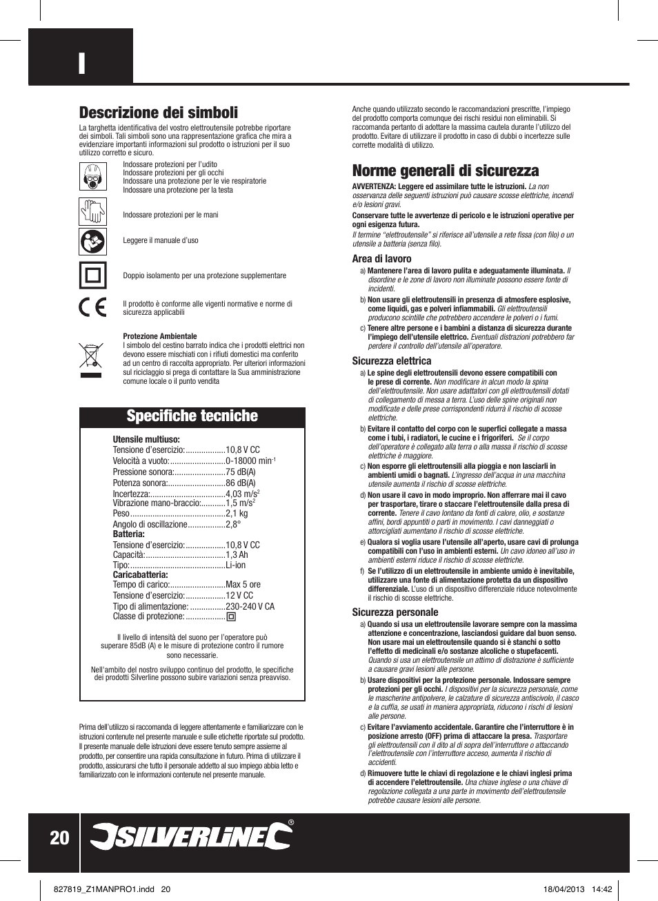 Norme generali di sicurezza, Descrizione dei simboli, Specifiche tecniche | Silverline 10.8V Cordless Oscillating Multi-Tool User Manual | Page 21 / 28