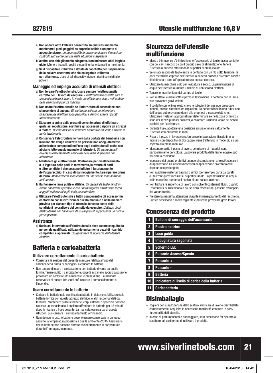 Batteria e caricabatteria, Sicurezza dell’utensile multifunzione, Conoscenza del prodotto | Disimballagio, Utensile multifunzione 10,8 v | Silverline 10.8V Cordless Oscillating Multi-Tool User Manual | Page 22 / 28