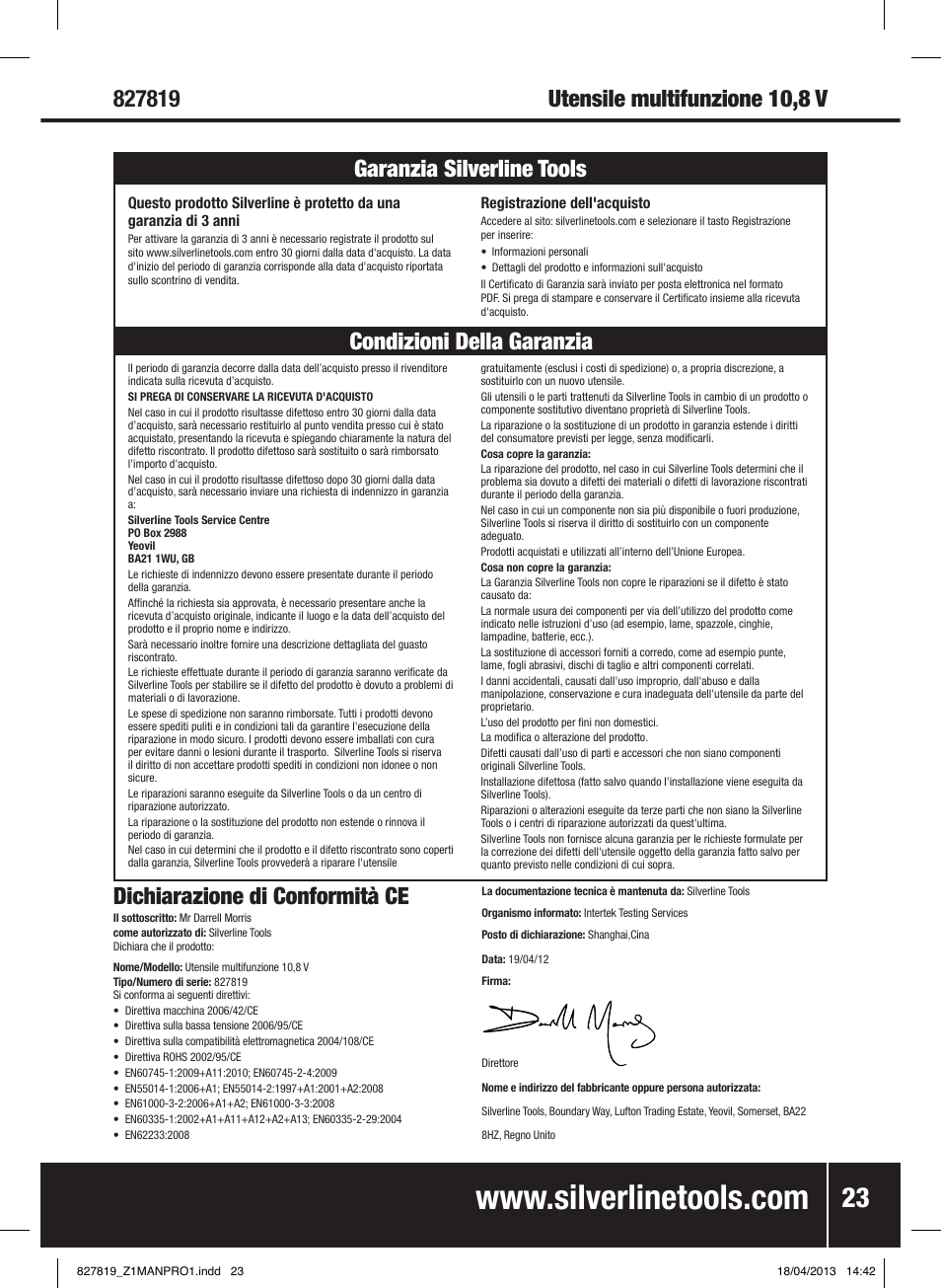 Dichiarazione di conformità ce, Utensile multifunzione 10,8 v | Silverline 10.8V Cordless Oscillating Multi-Tool User Manual | Page 24 / 28