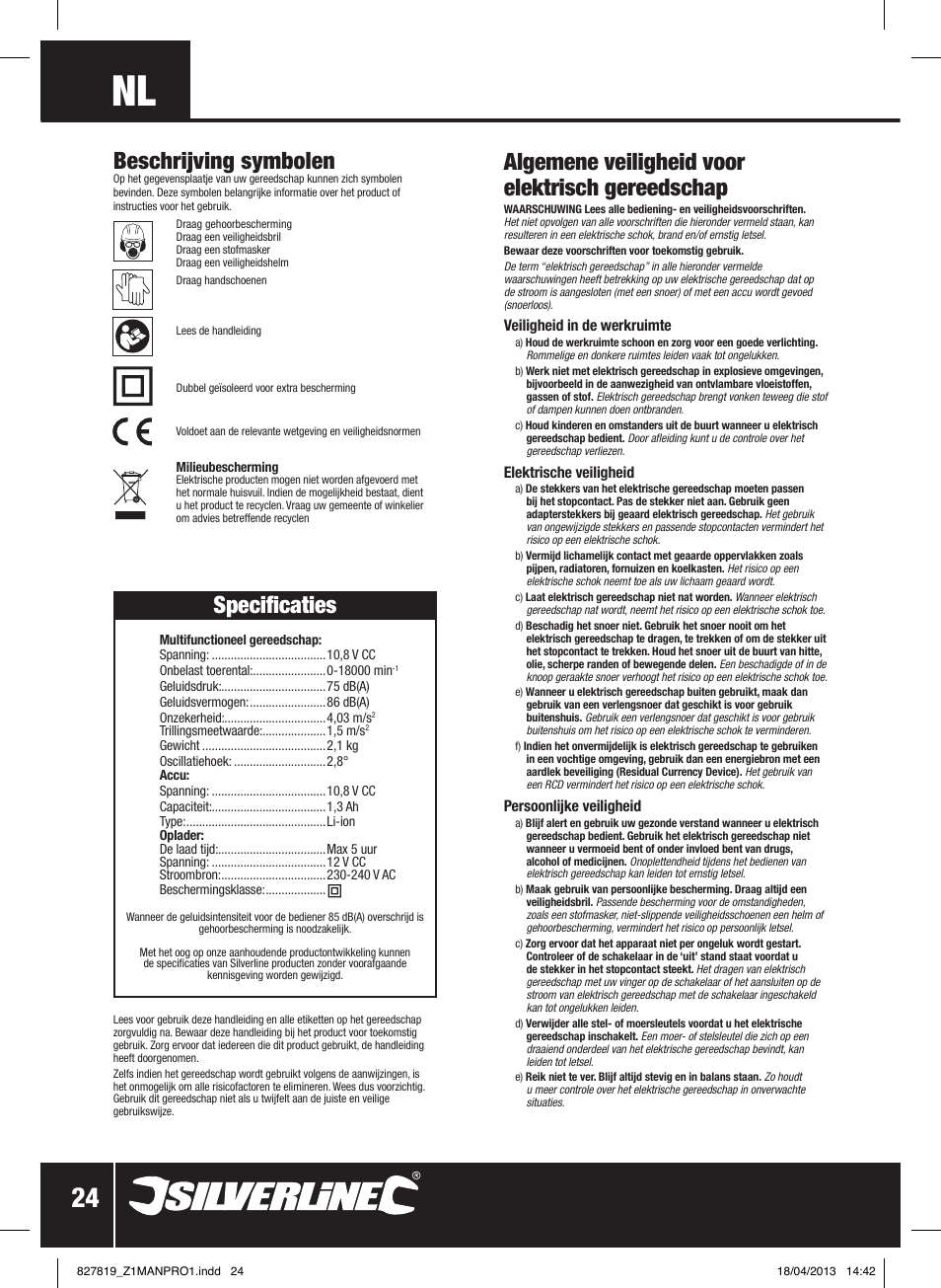 Algemene veiligheid voor elektrisch gereedschap, Beschrijving symbolen, Specificaties | Silverline 10.8V Cordless Oscillating Multi-Tool User Manual | Page 25 / 28