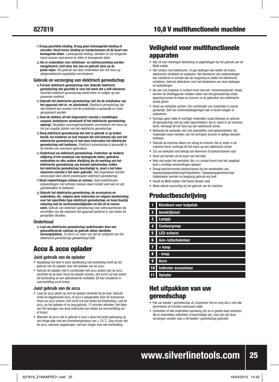 Accu & accu oplader, Veiligheid voor multifunctionele apparaten, Productbeschrijving | Het uitpakken van uw gereedschap, 10,8 v multifunctionele machine | Silverline 10.8V Cordless Oscillating Multi-Tool User Manual | Page 26 / 28