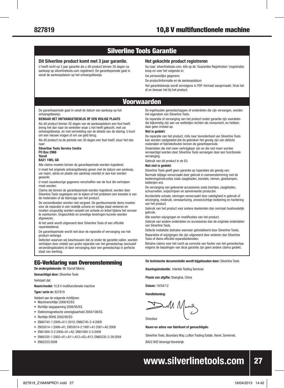 Voorwaarden silverline tools garantie, 10,8 v multifunctionele machine, Eg-verklaring van overeenstemming | Silverline 10.8V Cordless Oscillating Multi-Tool User Manual | Page 28 / 28