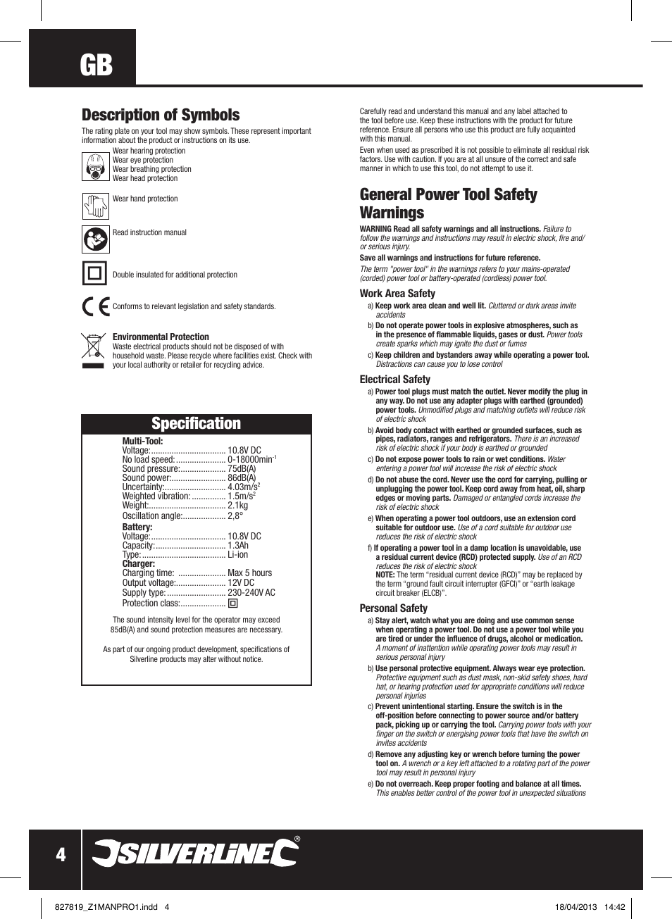 General power tool safety warnings, Specification, Description of symbols | Silverline 10.8V Cordless Oscillating Multi-Tool User Manual | Page 5 / 28