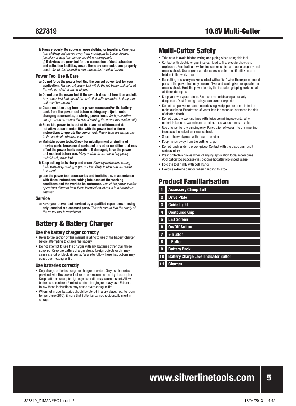 Battery & battery charger, 8v multi-cutter multi-cutter safety, Product familiarisation | Silverline 10.8V Cordless Oscillating Multi-Tool User Manual | Page 6 / 28