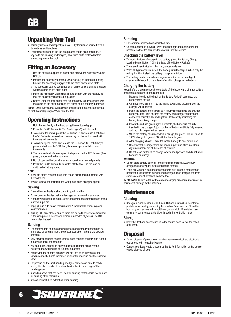 Unpacking your tool, Fitting an accessory, Operating instructions | Maintenance, Disposal | Silverline 10.8V Cordless Oscillating Multi-Tool User Manual | Page 7 / 28