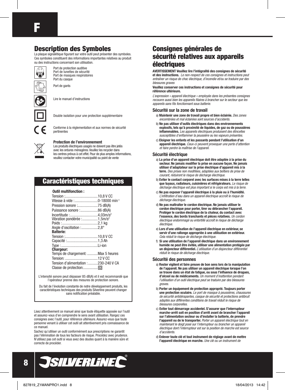 Caractéristiques techniques, Description des symboles | Silverline 10.8V Cordless Oscillating Multi-Tool User Manual | Page 9 / 28