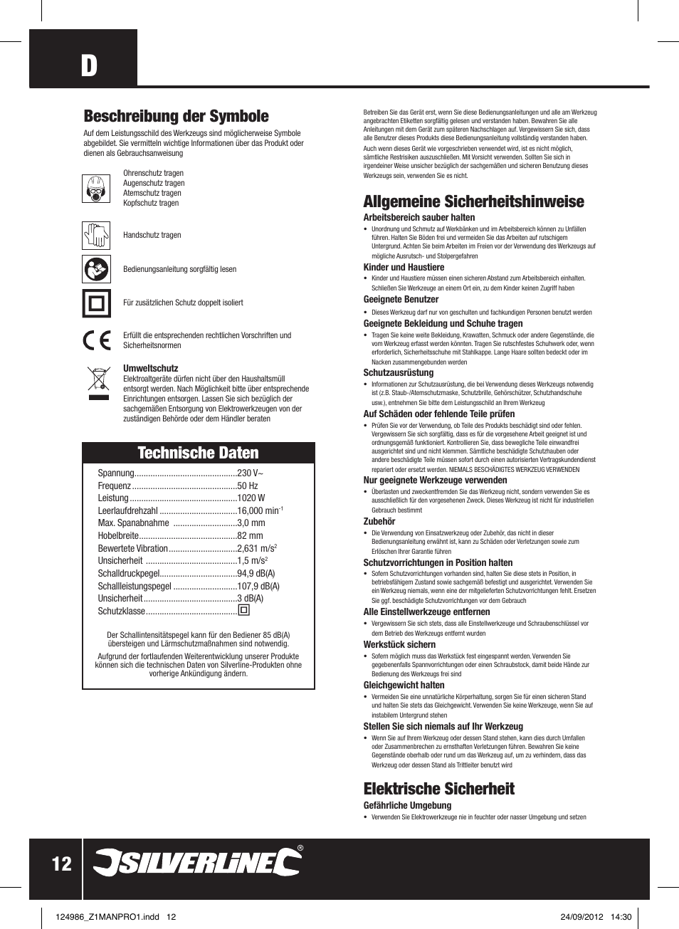 Technische daten, Allgemeine sicherheitshinweise, Elektrische sicherheit | Beschreibung der symbole | Silverline 1020W Planer User Manual | Page 13 / 28