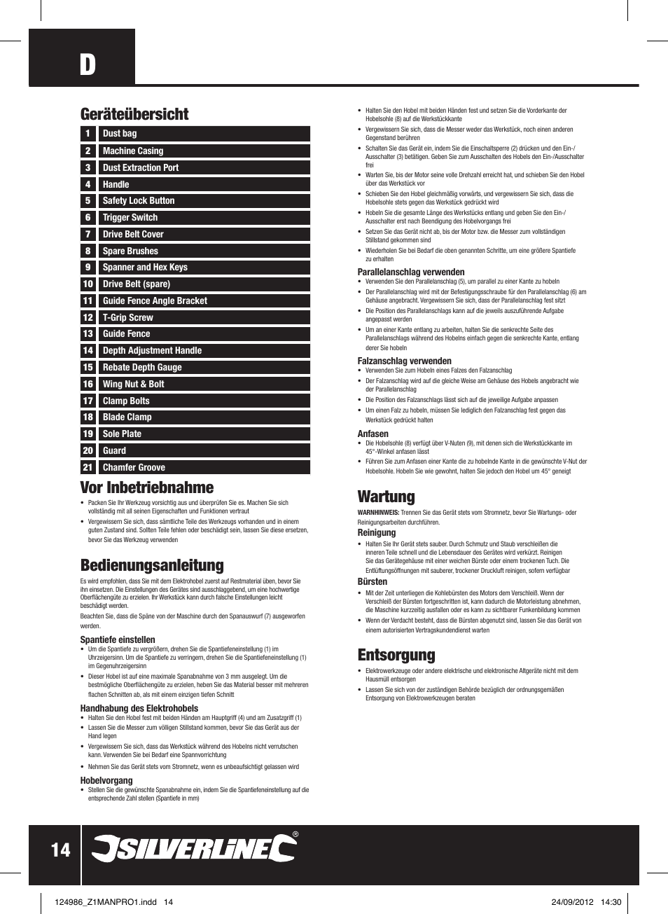 Geräteübersicht vor inbetriebnahme, Bedienungsanleitung, Wartung | Entsorgung | Silverline 1020W Planer User Manual | Page 15 / 28