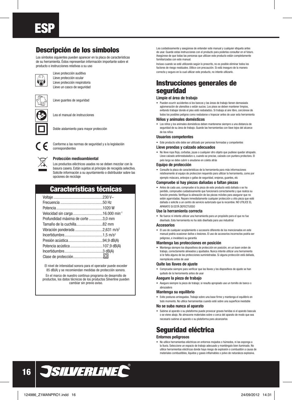 Características técnicas, Instrucciones generales de seguridad, Seguridad eléctrica | Descripción de los símbolos | Silverline 1020W Planer User Manual | Page 17 / 28