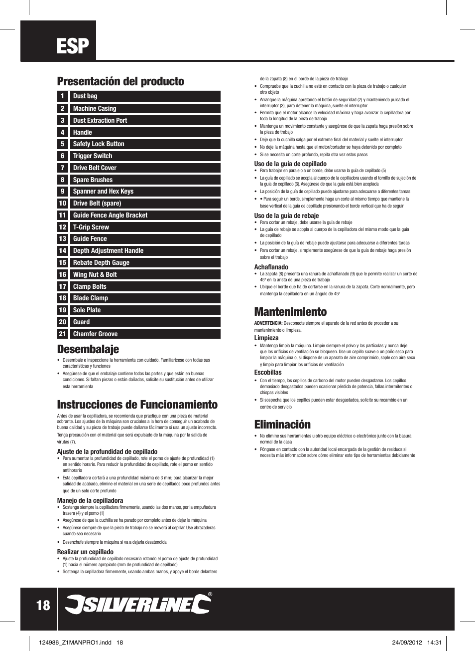 Presentación del producto desembalaje, Instrucciones de funcionamiento, Mantenimiento | Eliminación | Silverline 1020W Planer User Manual | Page 19 / 28