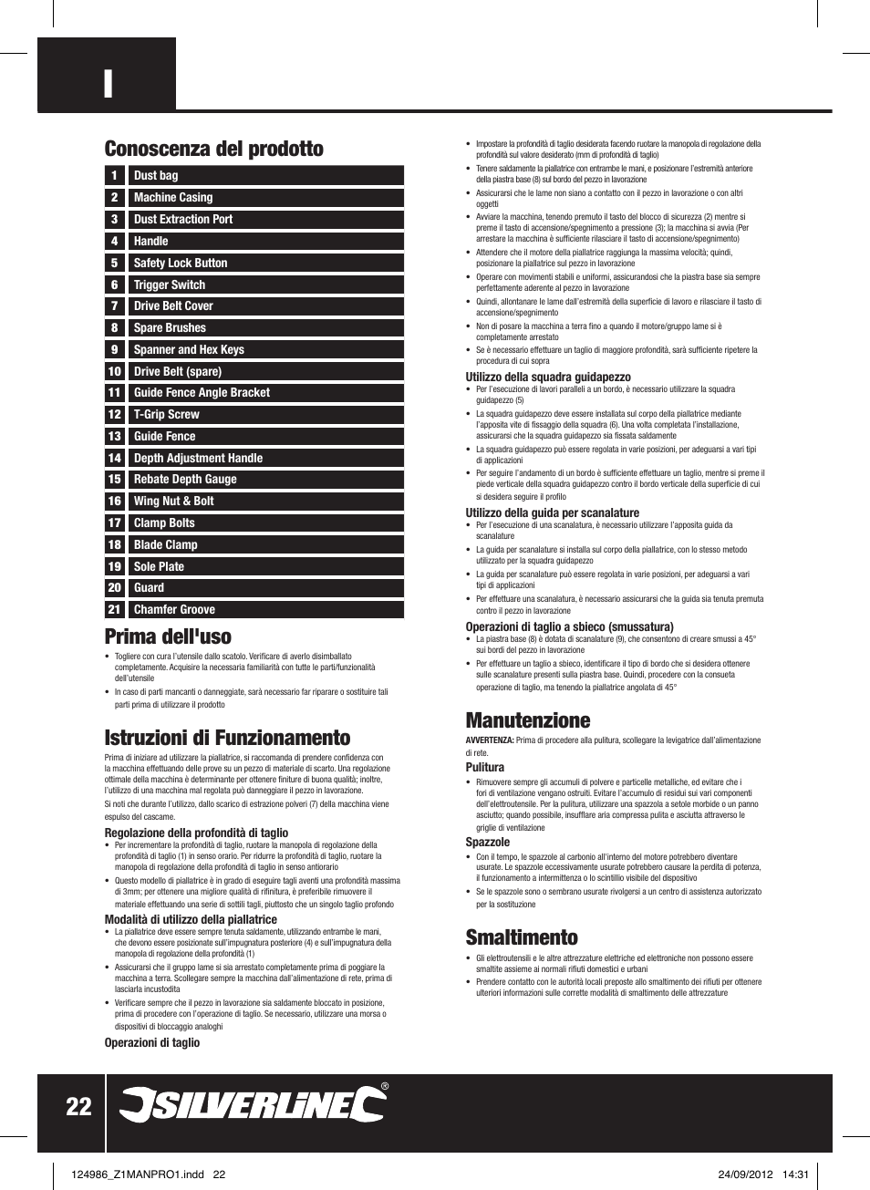 Conoscenza del prodotto, Manutenzione, Smaltimento | Prima dell'uso, Istruzioni di funzionamento | Silverline 1020W Planer User Manual | Page 23 / 28