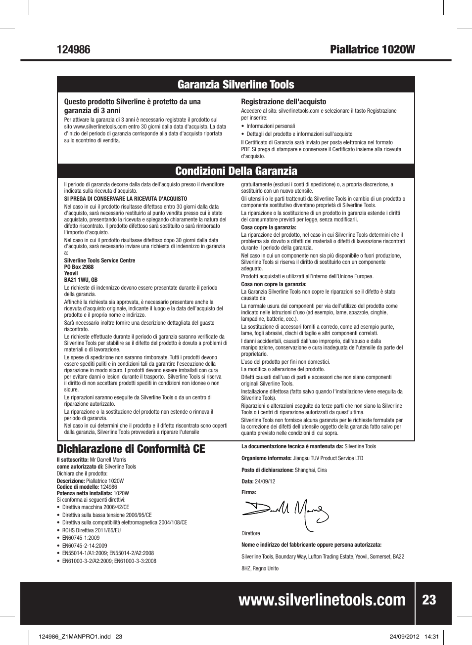 Dichiarazione di conformità ce | Silverline 1020W Planer User Manual | Page 24 / 28