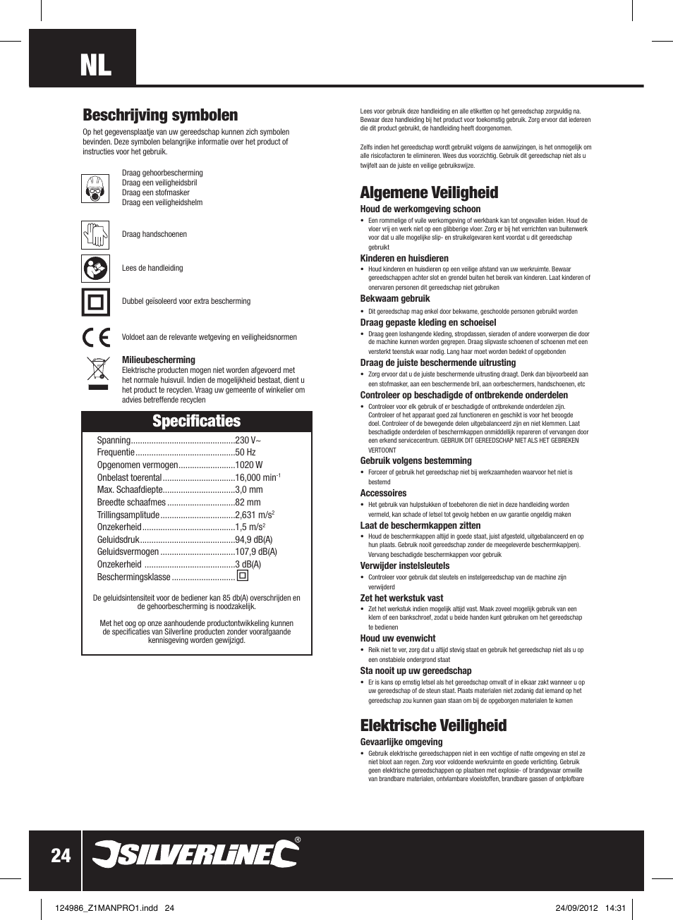 Specificaties, Algemene veiligheid, Elektrische veiligheid | Beschrijving symbolen | Silverline 1020W Planer User Manual | Page 25 / 28