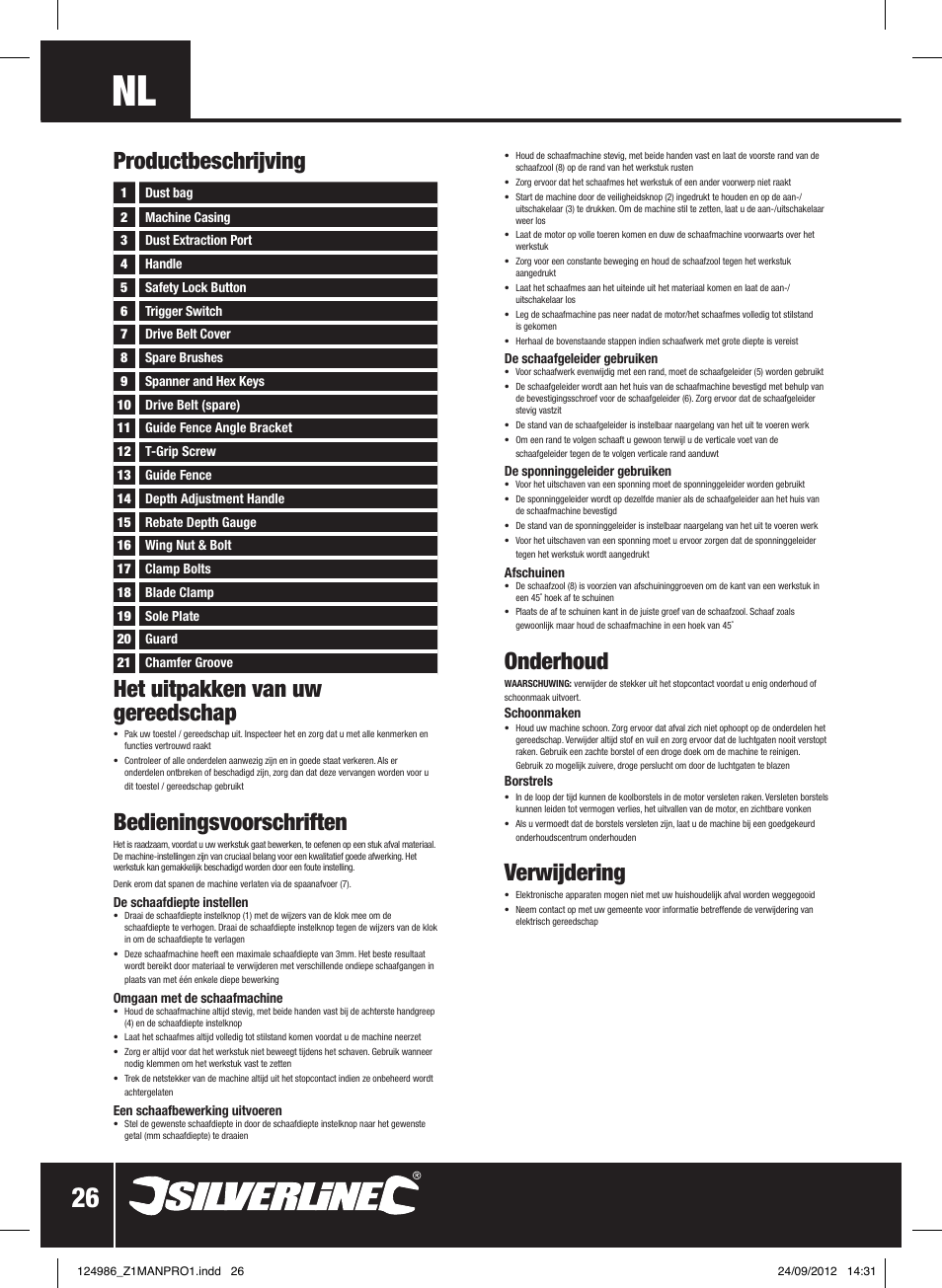 Bedieningsvoorschriften, Onderhoud, Verwijdering | Silverline 1020W Planer User Manual | Page 27 / 28