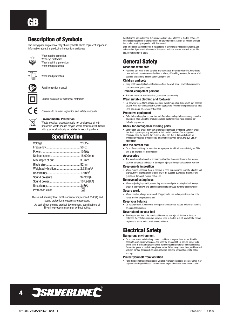 Specification, General safety, Electrical safety | Description of symbols | Silverline 1020W Planer User Manual | Page 5 / 28