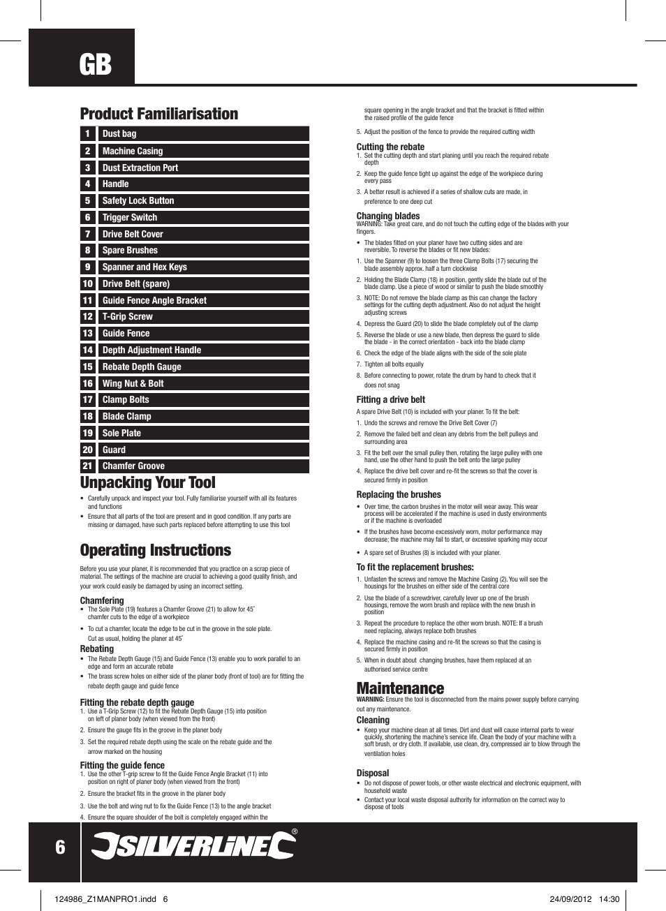 Product familiarisation unpacking your tool, Operating instructions, Maintenance | Silverline 1020W Planer User Manual | Page 7 / 28