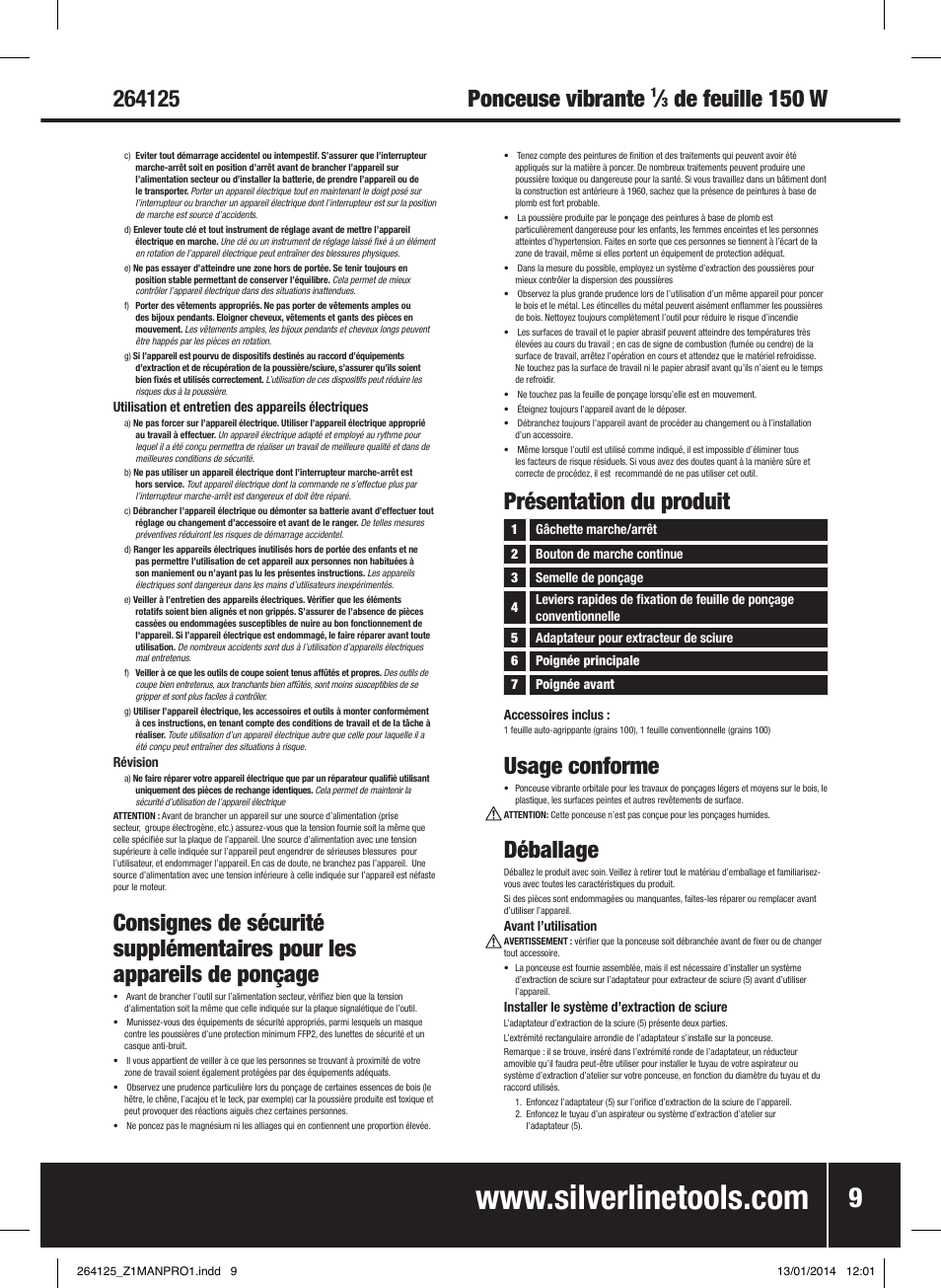 Ponceuse vibrante, De feuille 150 w, Présentation du produit | Usage conforme, Déballage | Silverline 150W Orbital Sander 1/3 Sheet User Manual | Page 10 / 28