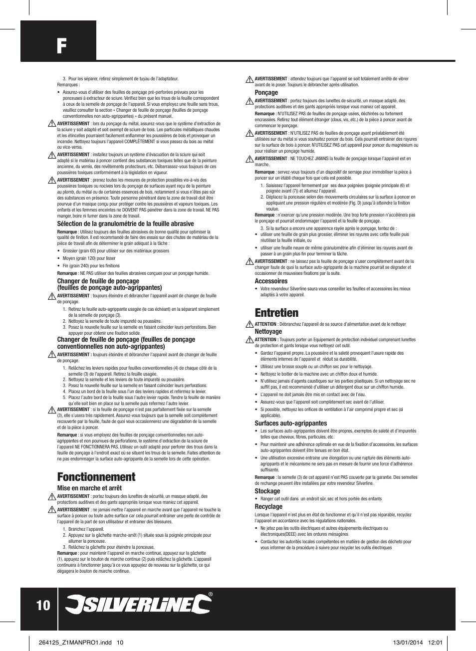 Fonctionnement, Entretien | Silverline 150W Orbital Sander 1/3 Sheet User Manual | Page 11 / 28