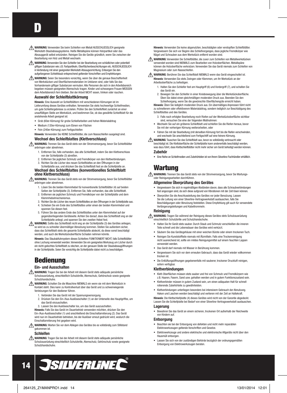 Bedienung, Wartung | Silverline 150W Orbital Sander 1/3 Sheet User Manual | Page 15 / 28
