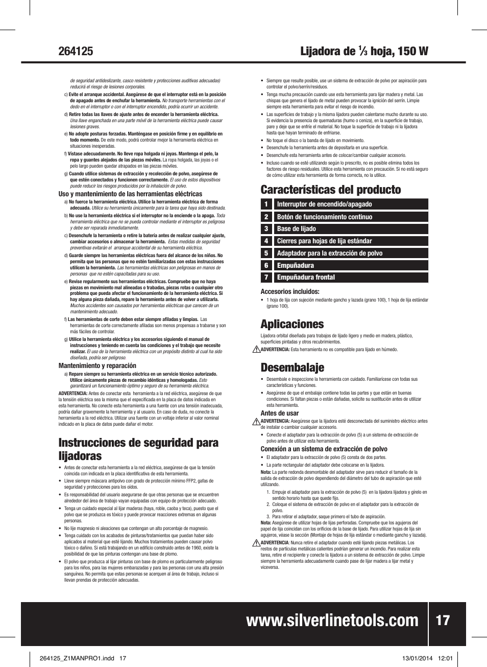 Instrucciones de seguridad para lijadoras, Lijadora de, Hoja, 150 w | Aplicaciones, Desembalaje, Características del producto | Silverline 150W Orbital Sander 1/3 Sheet User Manual | Page 18 / 28