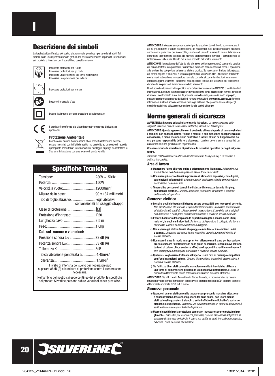 Norme generali di sicurezza, Specifiche tecniche, Descrizione dei simboli | Silverline 150W Orbital Sander 1/3 Sheet User Manual | Page 21 / 28