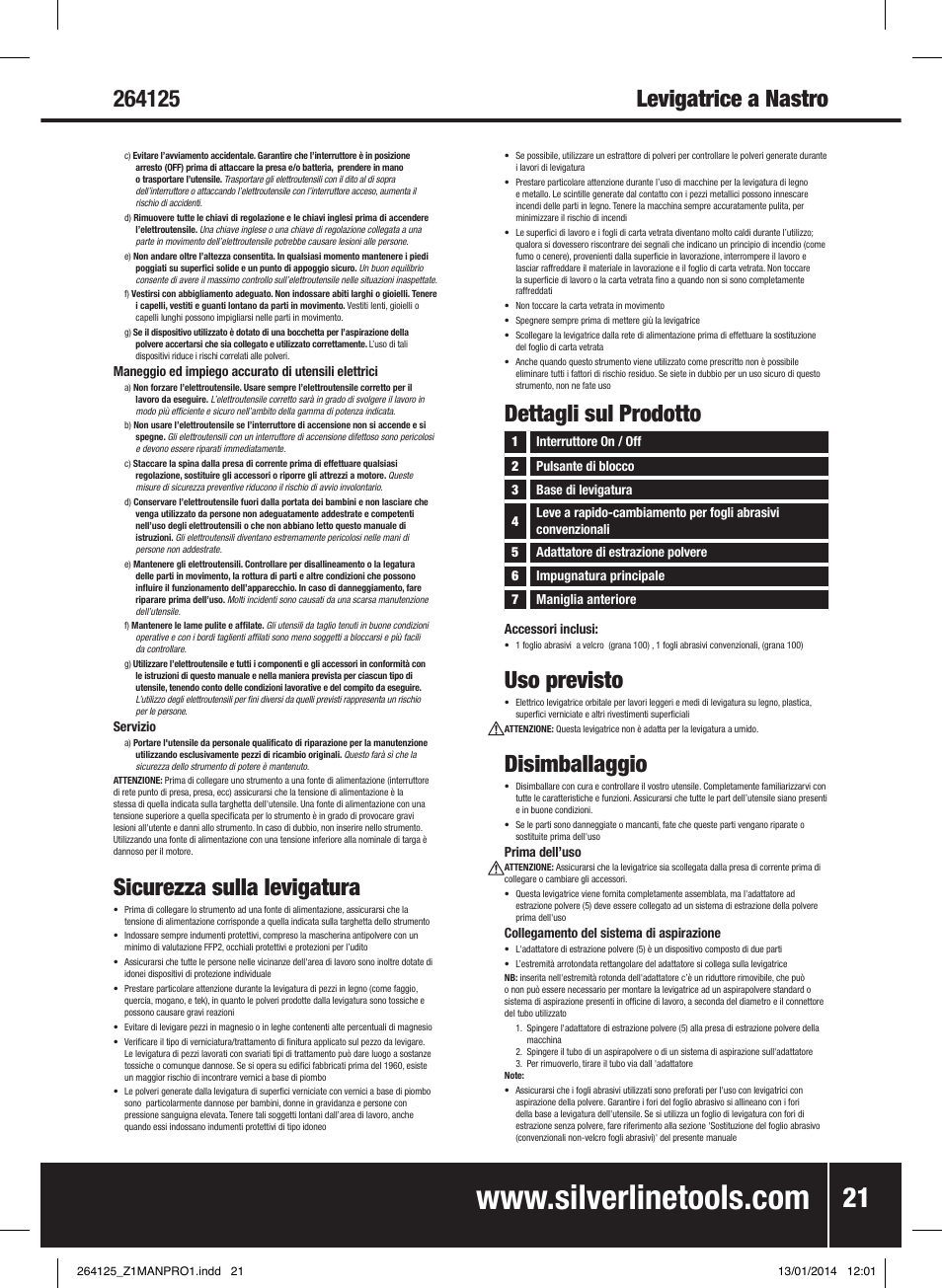 Sicurezza sulla levigatura, Uso previsto, Disimballaggio | Dettagli sul prodotto | Silverline 150W Orbital Sander 1/3 Sheet User Manual | Page 22 / 28