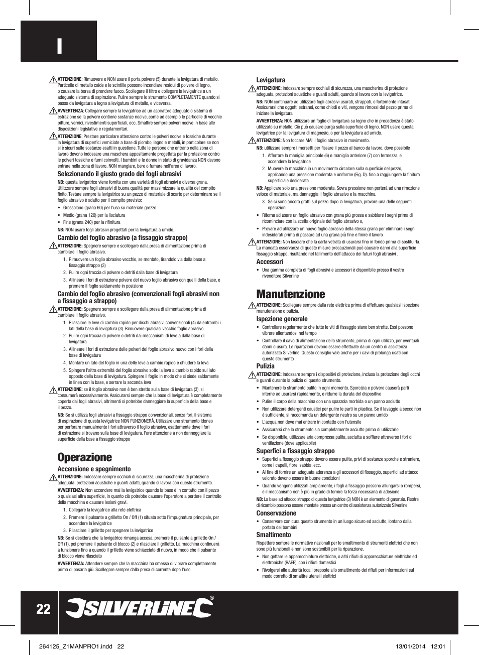 Operazione, Manutenzione | Silverline 150W Orbital Sander 1/3 Sheet User Manual | Page 23 / 28