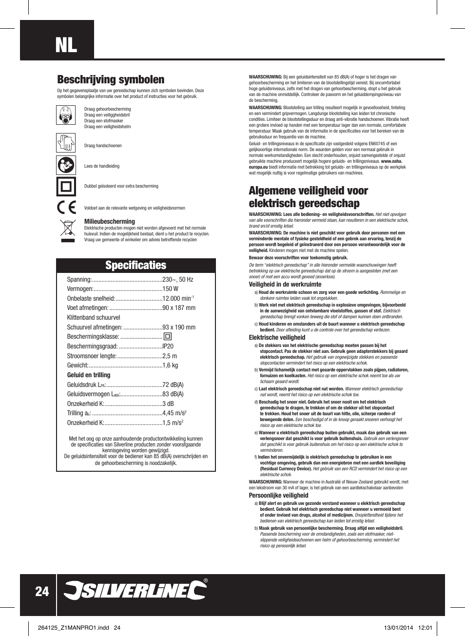 Algemene veiligheid voor elektrisch gereedschap, Specificaties, Beschrijving symbolen | Silverline 150W Orbital Sander 1/3 Sheet User Manual | Page 25 / 28