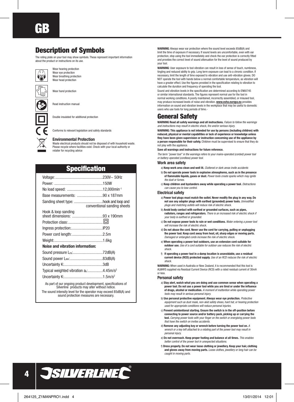 Specification, Description of symbols, General safety | Silverline 150W Orbital Sander 1/3 Sheet User Manual | Page 5 / 28