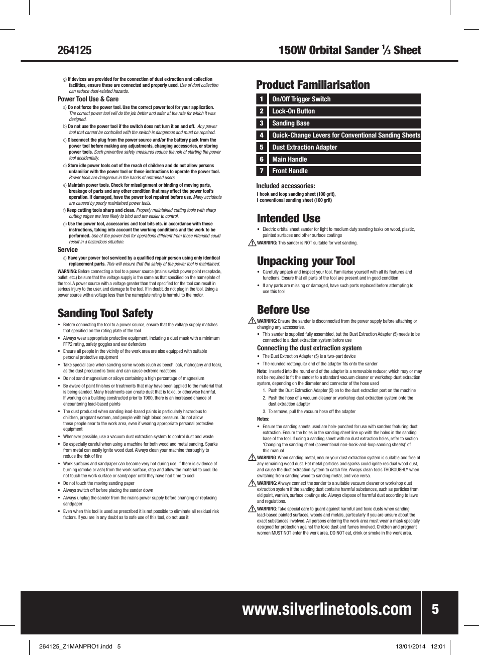 Sanding tool safety, 150w orbital sander, Sheet | Product familiarisation, Intended use, Unpacking your tool, Before use | Silverline 150W Orbital Sander 1/3 Sheet User Manual | Page 6 / 28