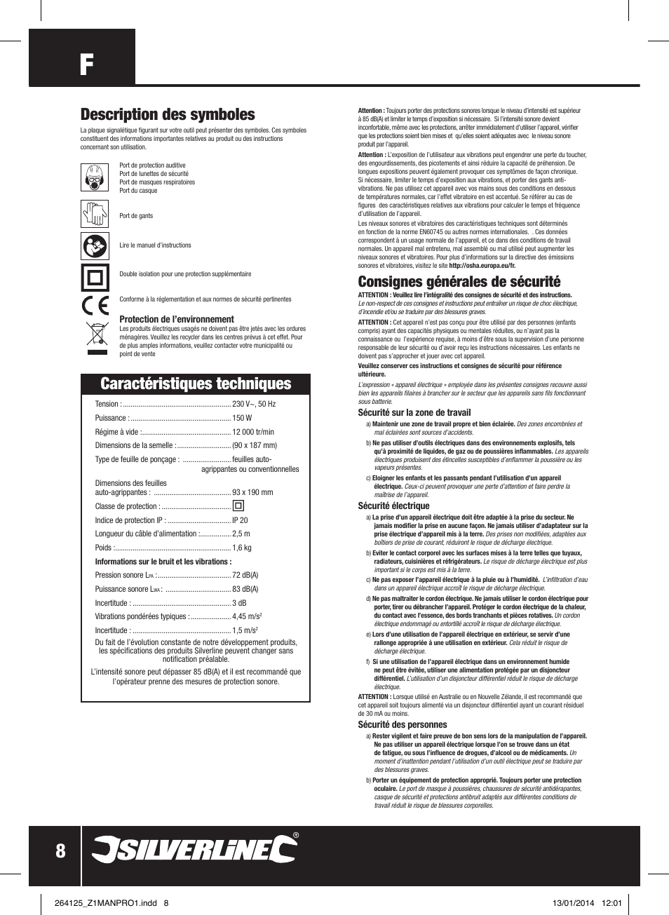Caractéristiques techniques, Description des symboles, Consignes générales de sécurité | Silverline 150W Orbital Sander 1/3 Sheet User Manual | Page 9 / 28