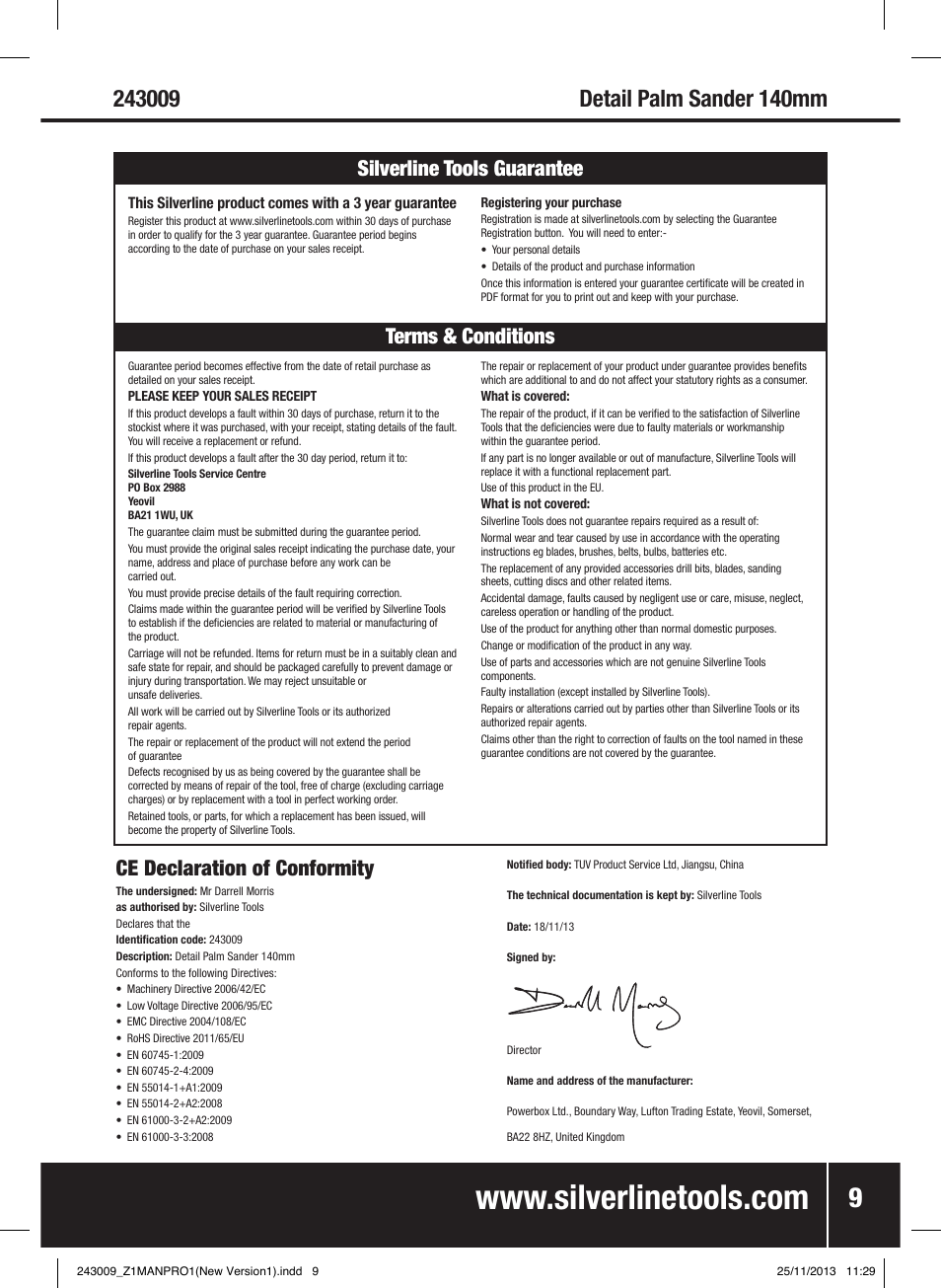 Ce declaration of conformity, Terms & conditions silverline tools guarantee | Silverline 135W Detail Palm Sander 140mm User Manual | Page 10 / 40