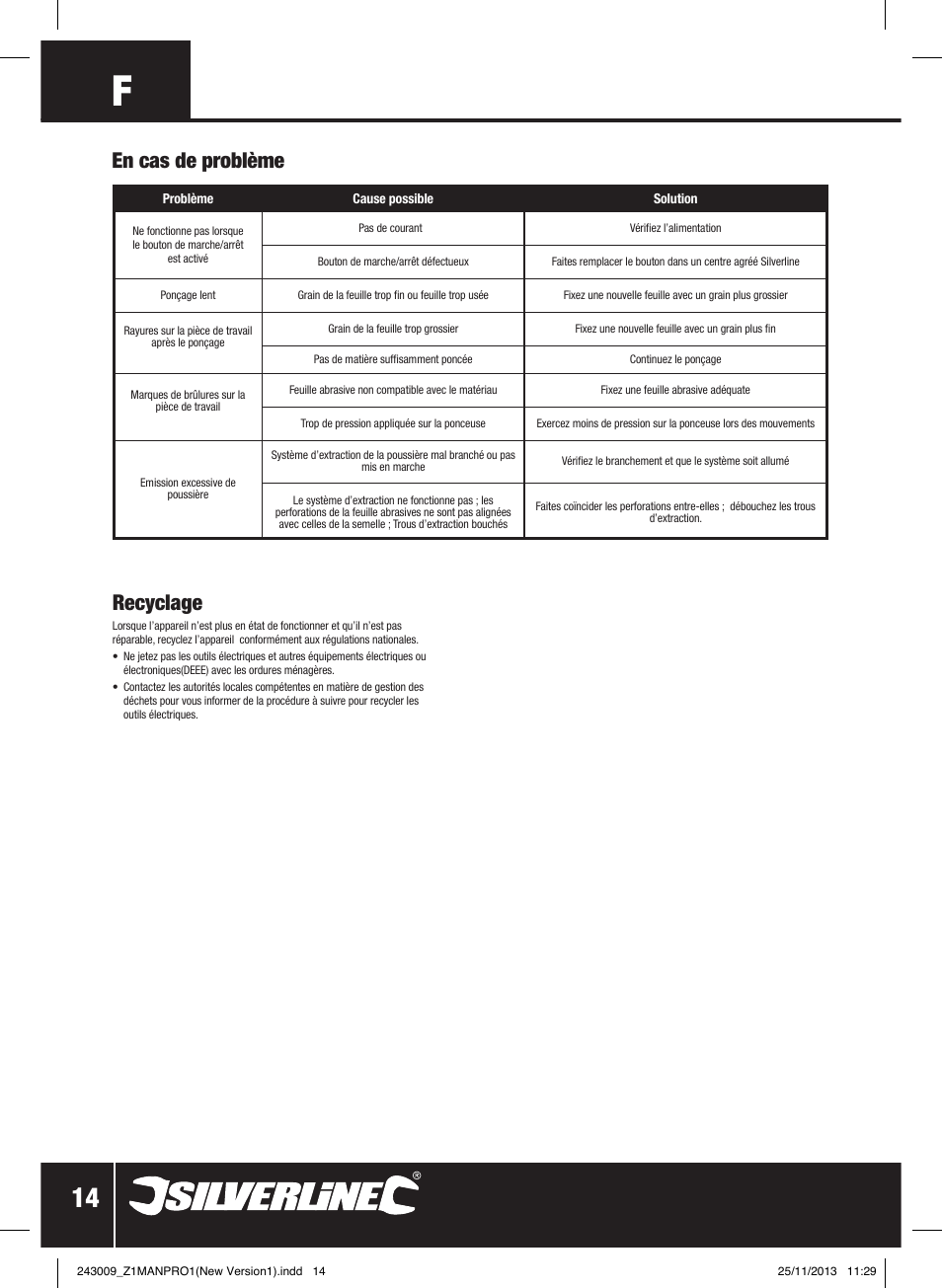 En cas de problème recyclage | Silverline 135W Detail Palm Sander 140mm User Manual | Page 15 / 40