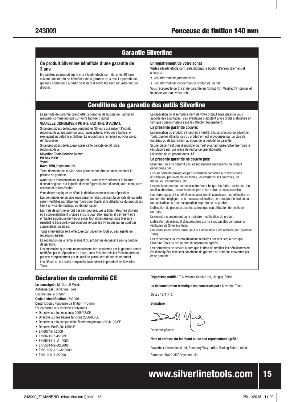 Déclaration de conformité ce | Silverline 135W Detail Palm Sander 140mm User Manual | Page 16 / 40