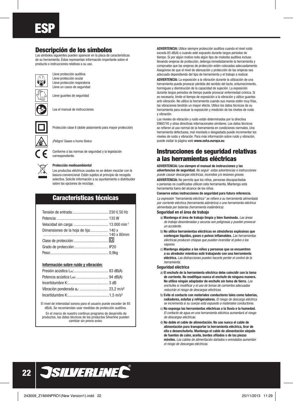 Características técnicas, Descripción de los símbolos | Silverline 135W Detail Palm Sander 140mm User Manual | Page 23 / 40