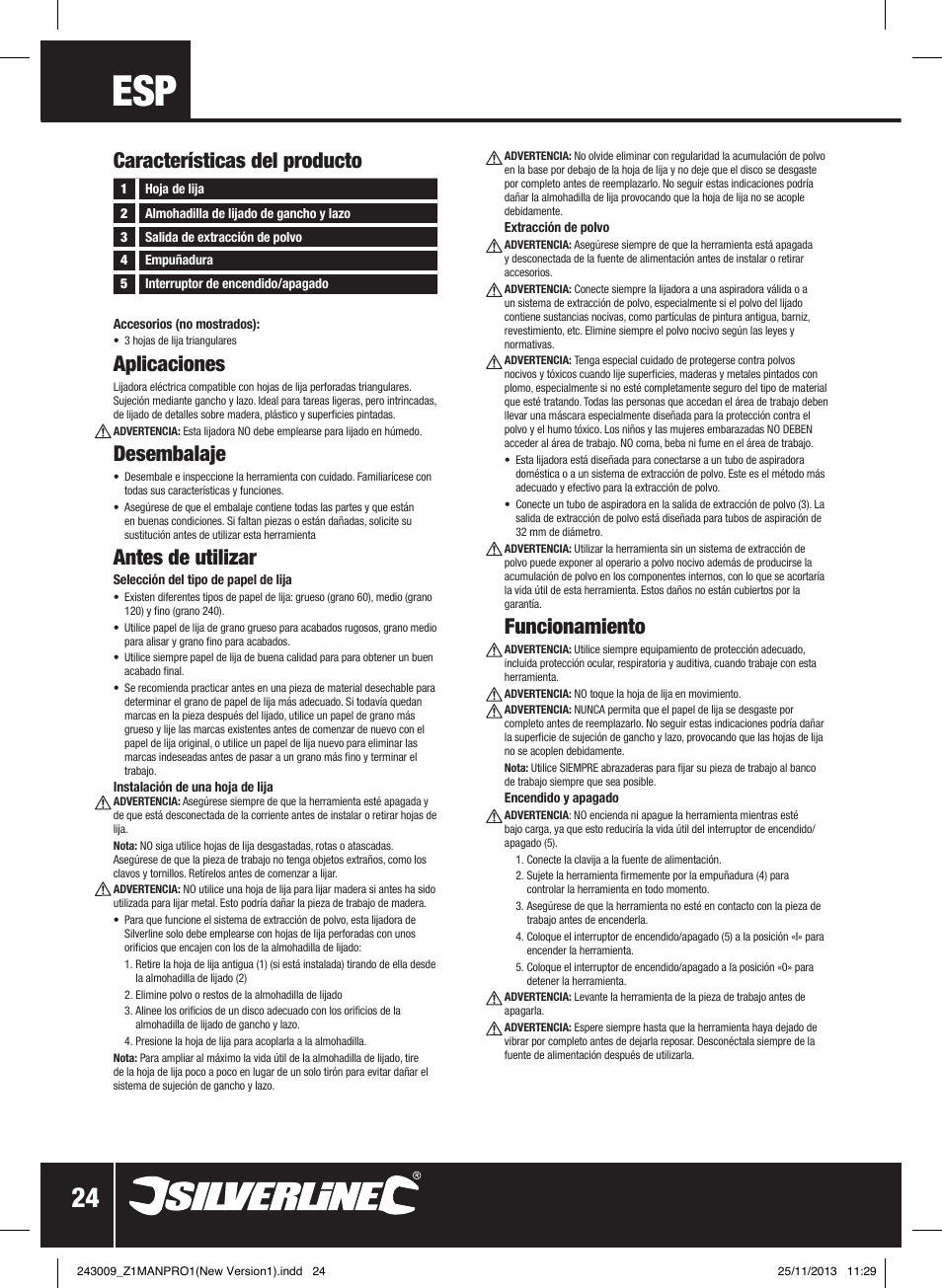 Características del producto, Aplicaciones, Desembalaje | Antes de utilizar, Funcionamiento | Silverline 135W Detail Palm Sander 140mm User Manual | Page 25 / 40
