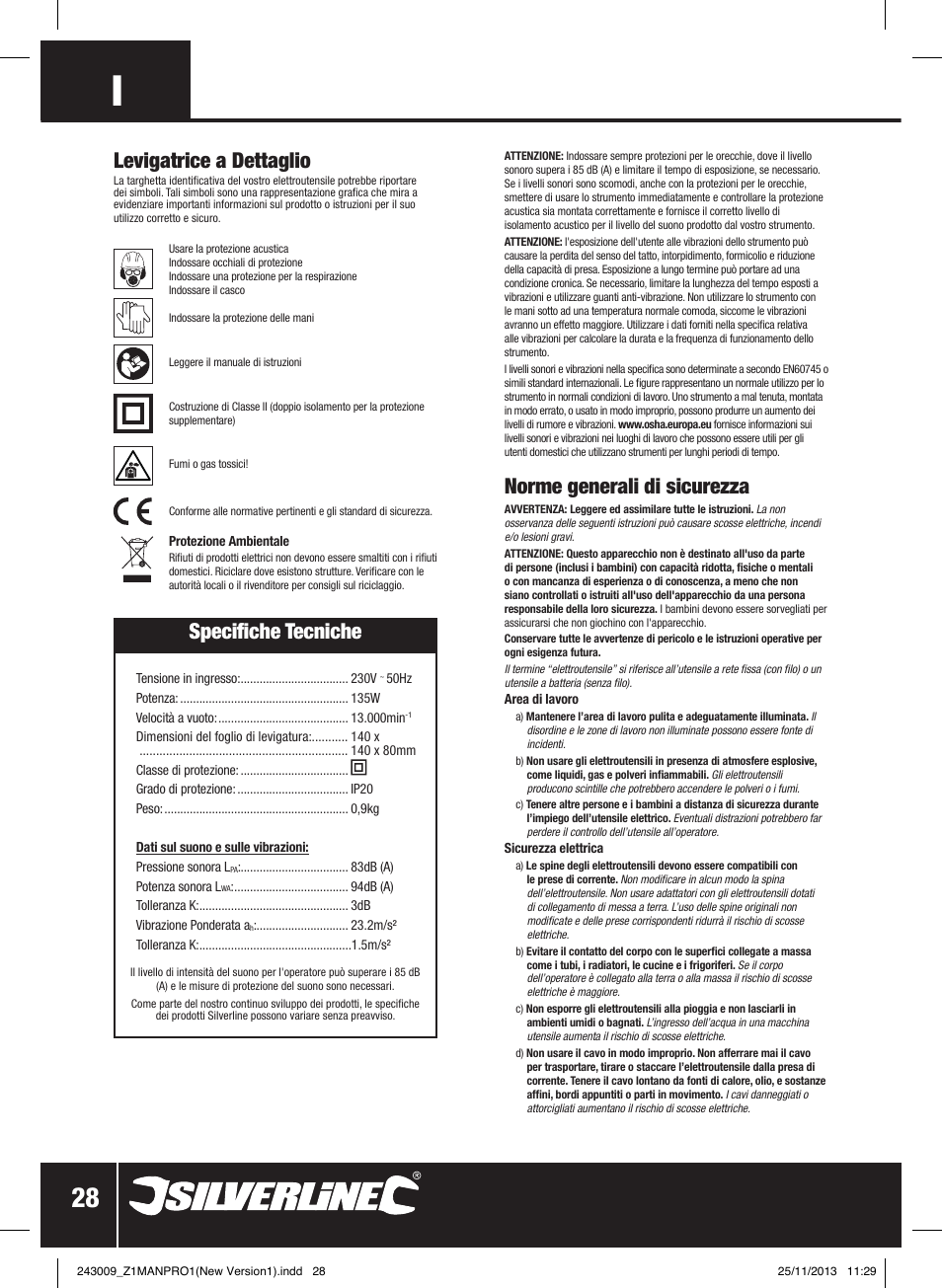 Specifiche tecniche, Norme generali di sicurezza, Levigatrice a dettaglio | Silverline 135W Detail Palm Sander 140mm User Manual | Page 29 / 40