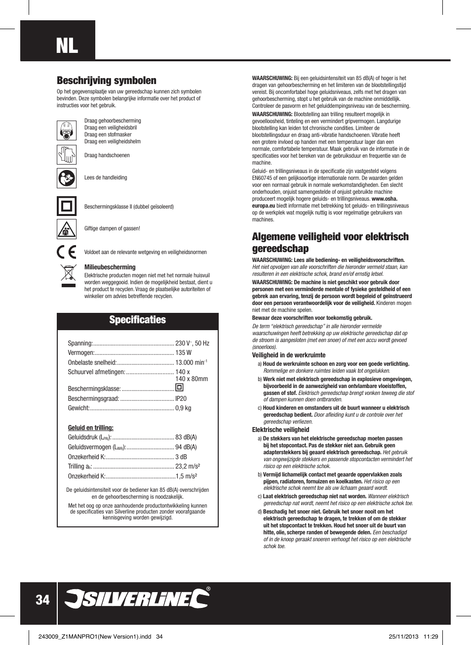 Specificaties, Algemene veiligheid voor elektrisch gereedschap, Beschrijving symbolen | Silverline 135W Detail Palm Sander 140mm User Manual | Page 35 / 40