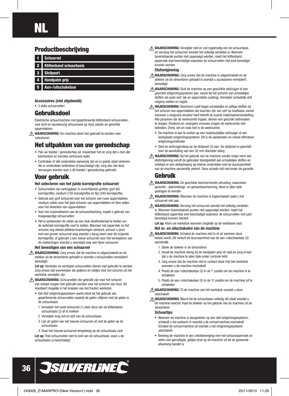 Productbeschrijving, Gebruiksdoel, Het uitpakken van uw gereedschap | Voor gebruik, Gebruik | Silverline 135W Detail Palm Sander 140mm User Manual | Page 37 / 40