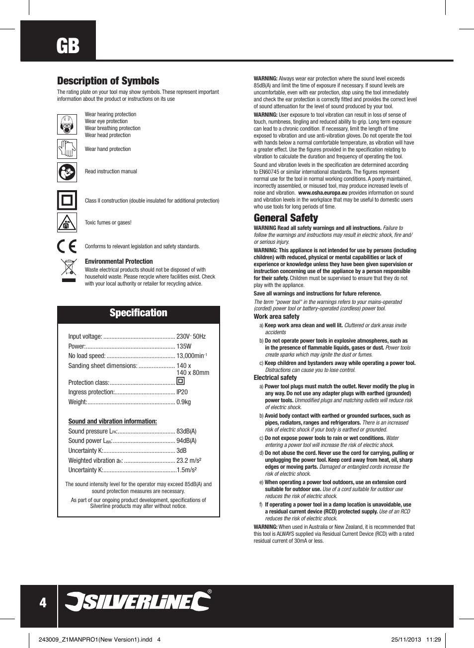 Specification, General safety, Description of symbols | Silverline 135W Detail Palm Sander 140mm User Manual | Page 5 / 40