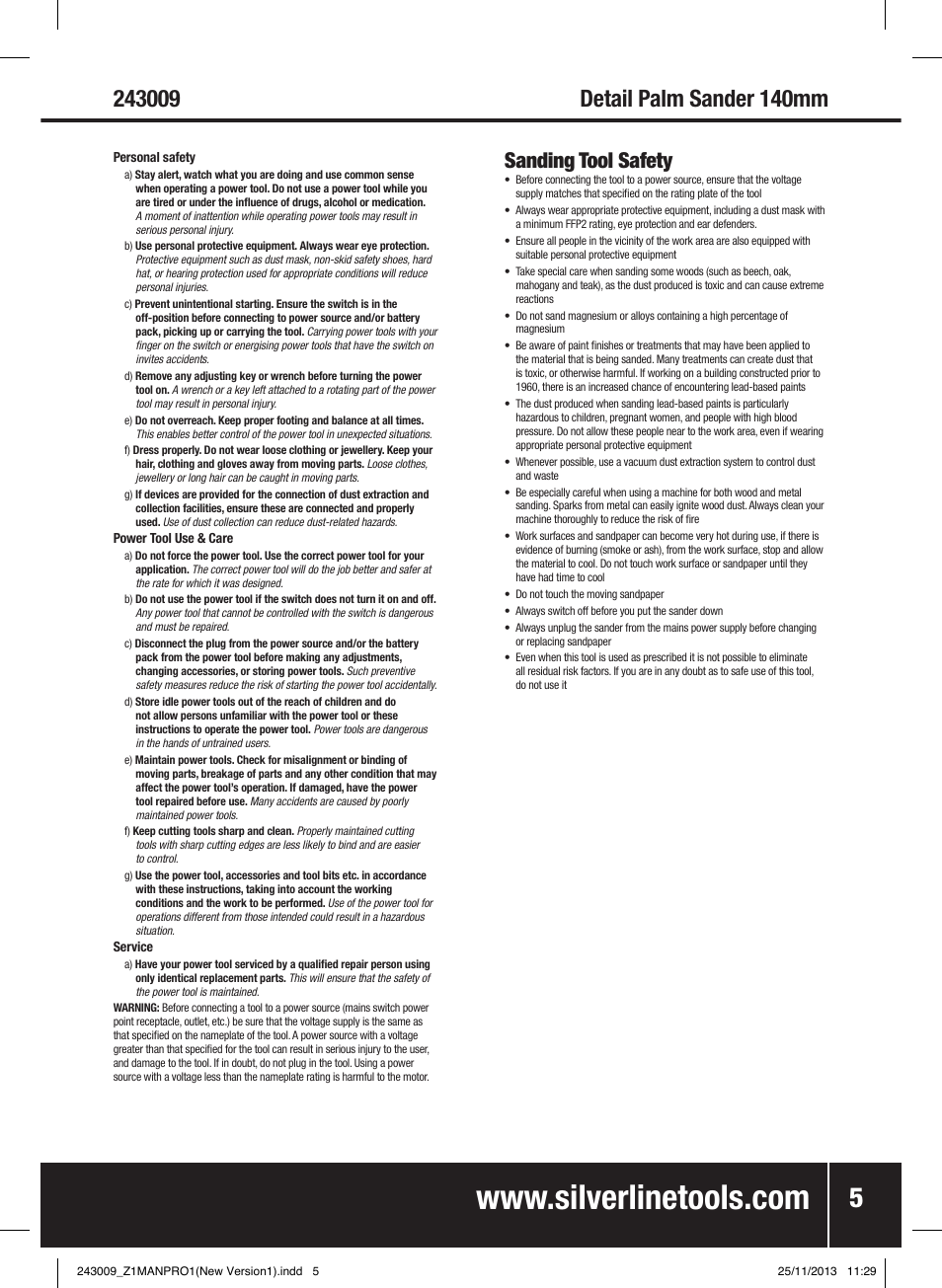 Sanding tool safety | Silverline 135W Detail Palm Sander 140mm User Manual | Page 6 / 40