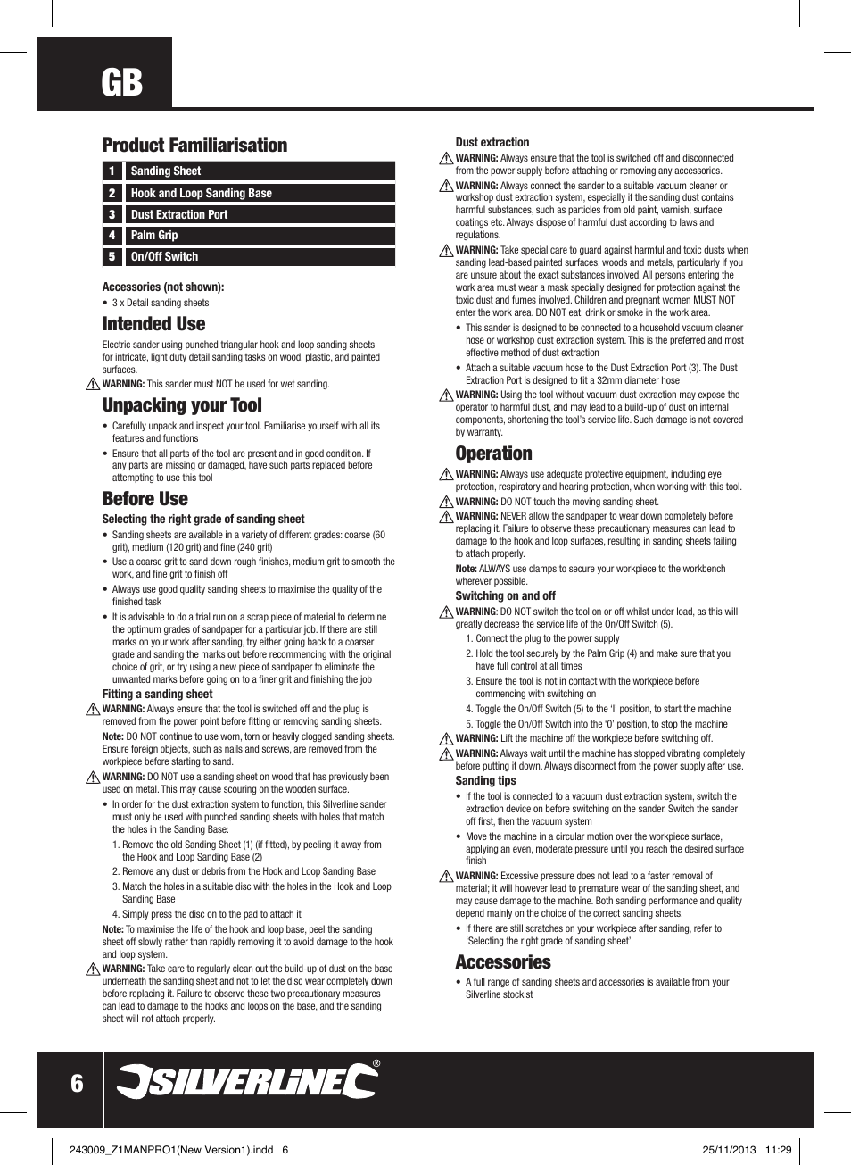 Product familiarisation, Intended use, Unpacking your tool | Before use, Operation, Accessories | Silverline 135W Detail Palm Sander 140mm User Manual | Page 7 / 40