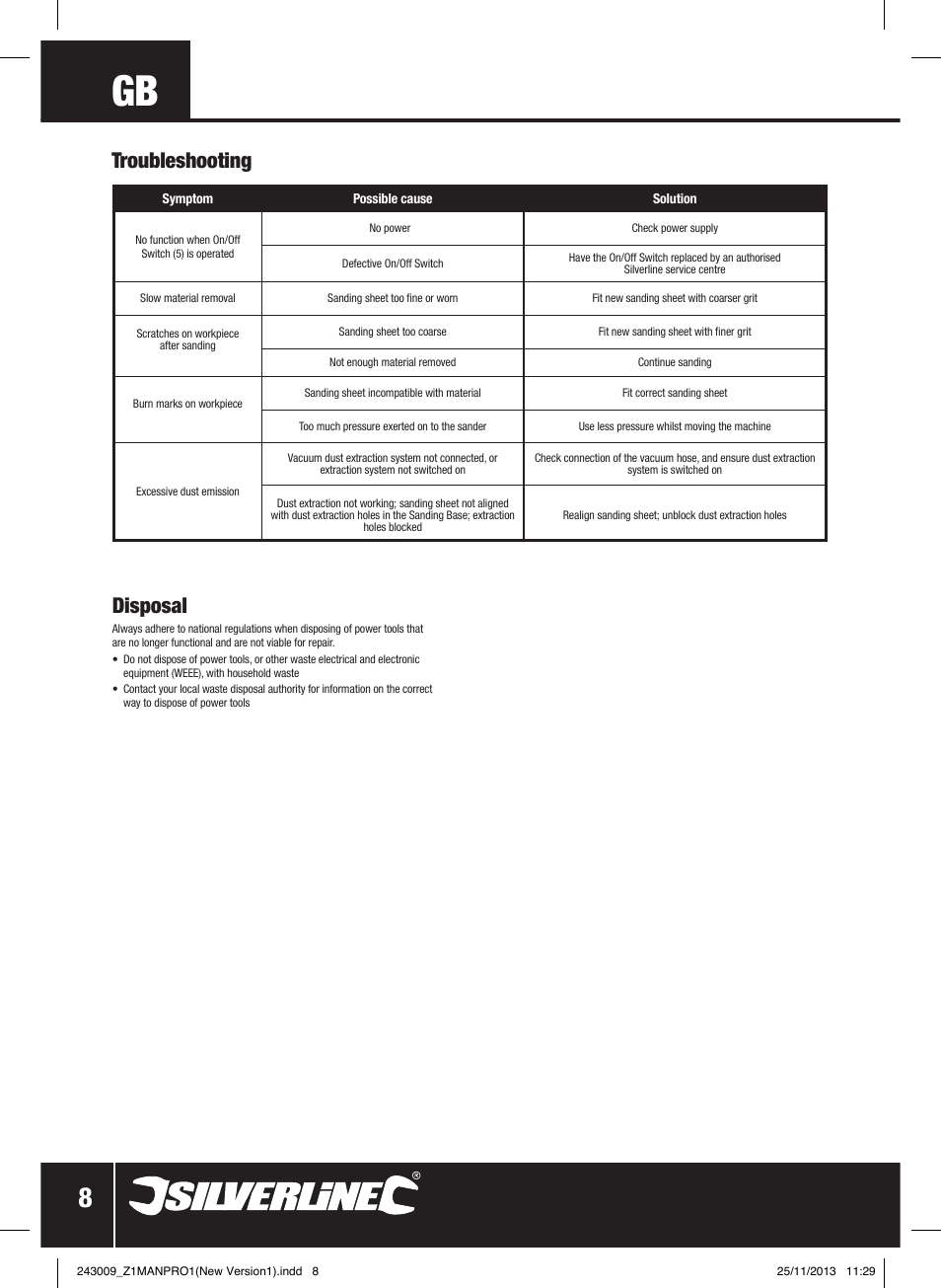 Troubleshooting disposal | Silverline 135W Detail Palm Sander 140mm User Manual | Page 9 / 40